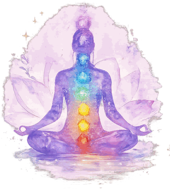 A seated figure with the seven chakras glowing along the central channel