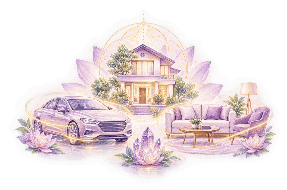 Illustration of a home, car and living room held in light